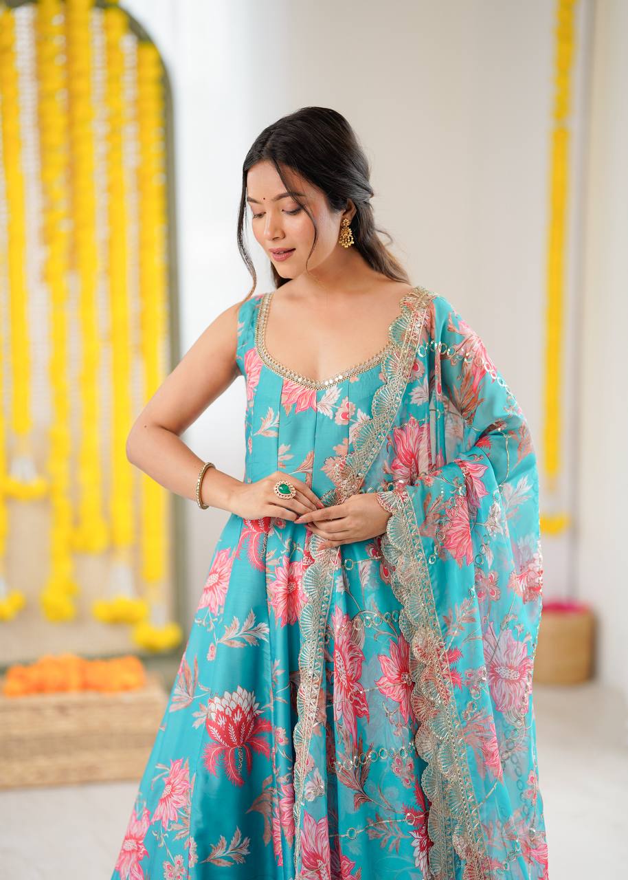 Aarohi Pure Muslin Floral Print Kali Cut Gown with Pant & Organza Embroidered Dupatta