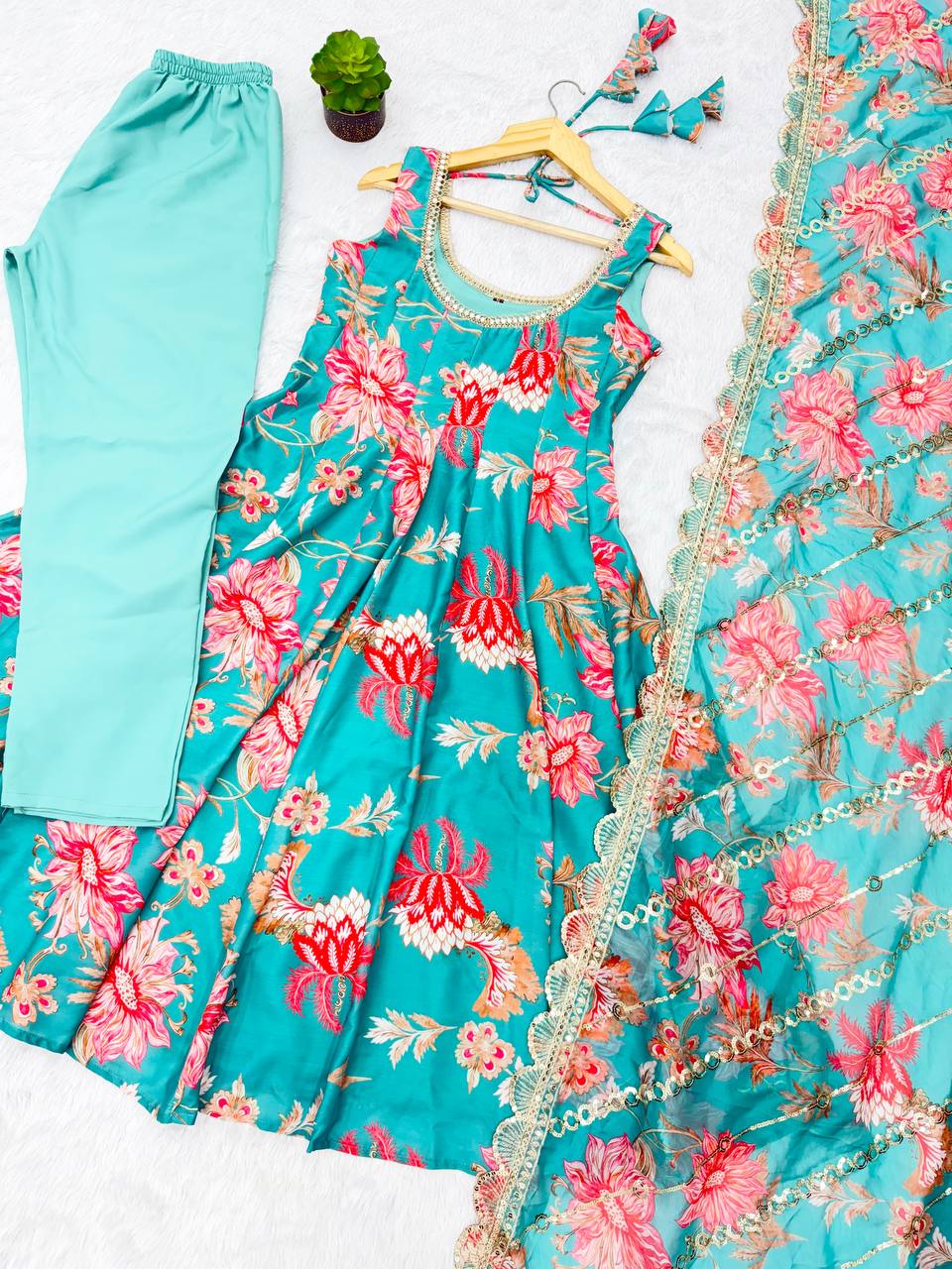 Aarohi Pure Muslin Floral Print Kali Cut Gown with Pant & Organza Embroidered Dupatta