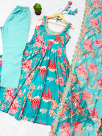 Aarohi Pure Muslin Floral Print Kali Cut Gown with Pant & Organza Embroidered Dupatta