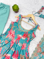 Aarohi Pure Muslin Floral Print Kali Cut Gown with Pant & Organza Embroidered Dupatta