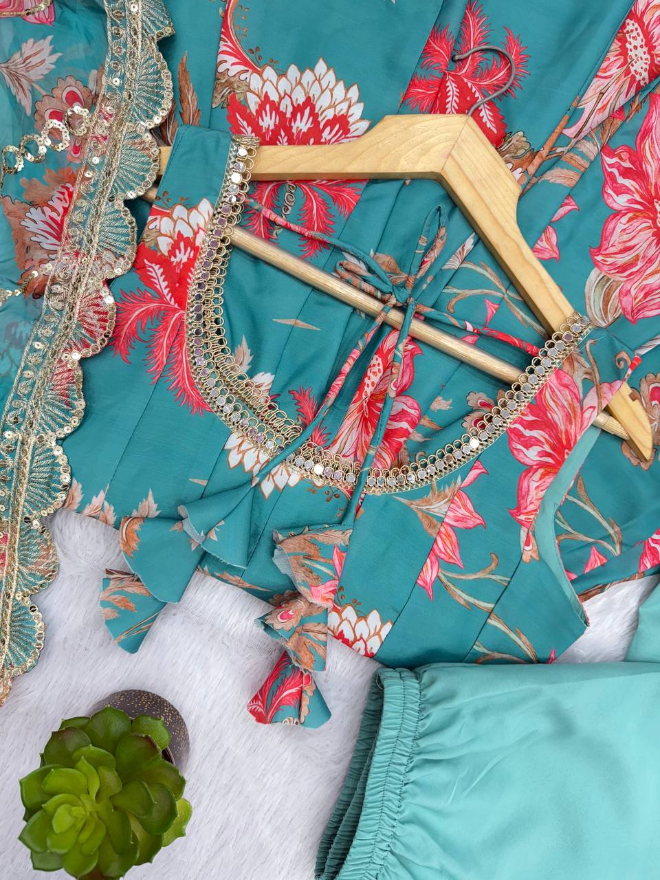Aarohi Pure Muslin Floral Print Kali Cut Gown with Pant & Organza Embroidered Dupatta