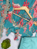 Aarohi Pure Muslin Floral Print Kali Cut Gown with Pant & Organza Embroidered Dupatta
