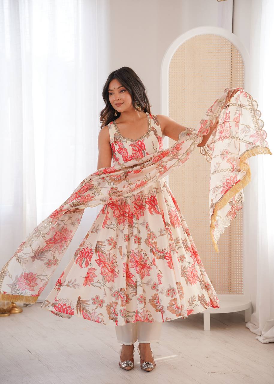 Aarohi Pure Muslin Floral Print Kali Cut Gown with Pant & Organza Embroidered Dupatta