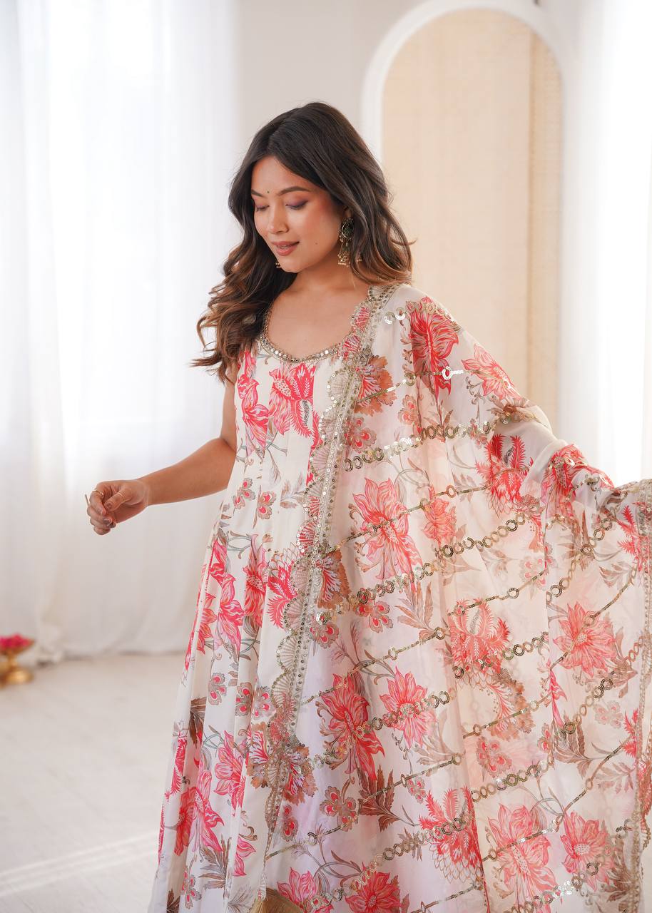 Aarohi Pure Muslin Floral Print Kali Cut Gown with Pant & Organza Embroidered Dupatta