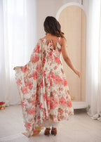 Aarohi Pure Muslin Floral Print Kali Cut Gown with Pant & Organza Embroidered Dupatta