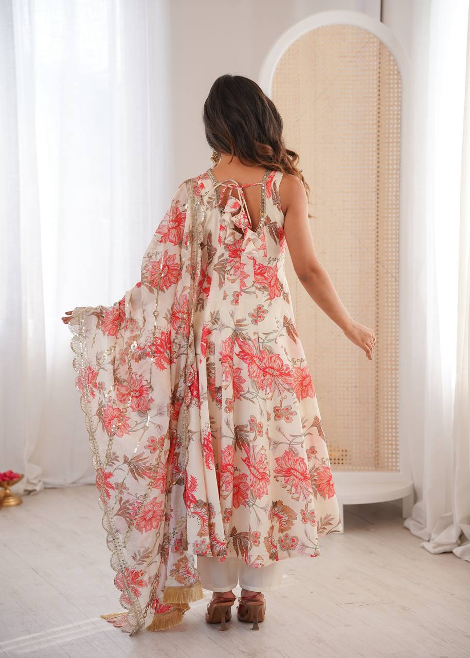Aarohi Pure Muslin Floral Print Kali Cut Gown with Pant & Organza Embroidered Dupatta