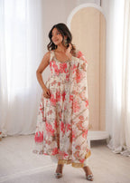 Aarohi Pure Muslin Floral Print Kali Cut Gown with Pant & Organza Embroidered Dupatta