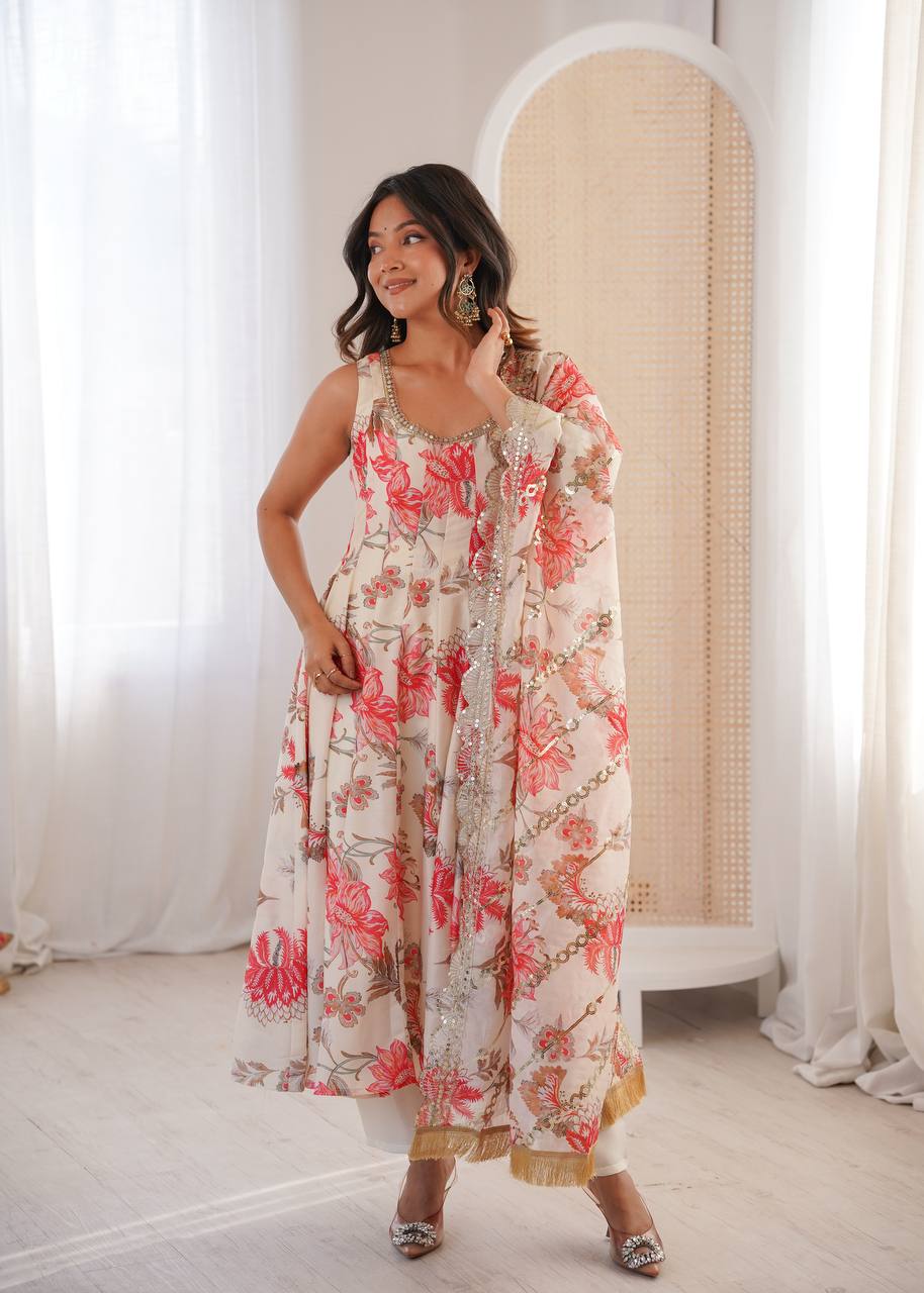 Aarohi Pure Muslin Floral Print Kali Cut Gown with Pant & Organza Embroidered Dupatta