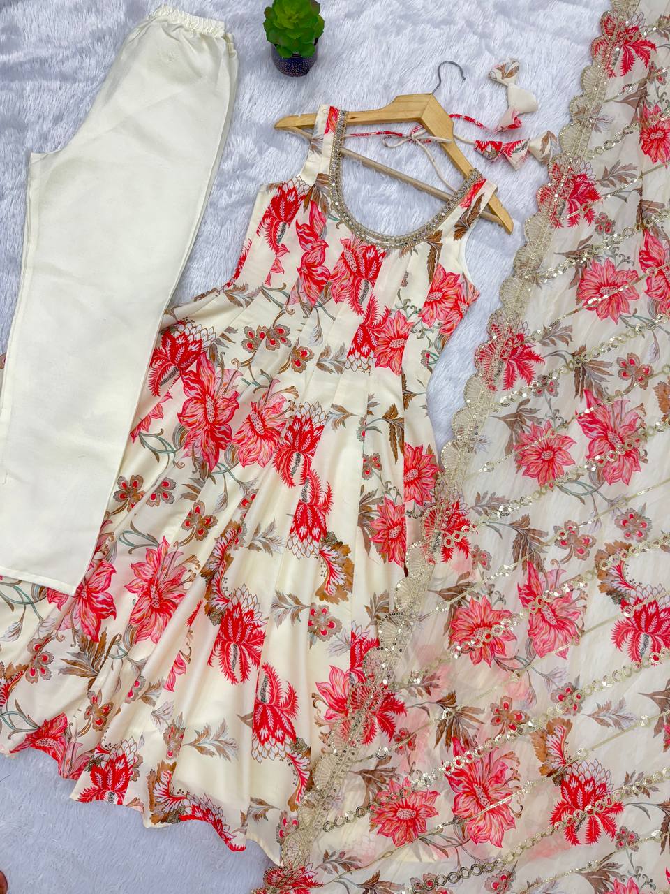 Aarohi Pure Muslin Floral Print Kali Cut Gown with Pant & Organza Embroidered Dupatta