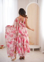 Aarohi Pure Muslin Floral Print Kali Cut Gown with Pant & Organza Embroidered Dupatta