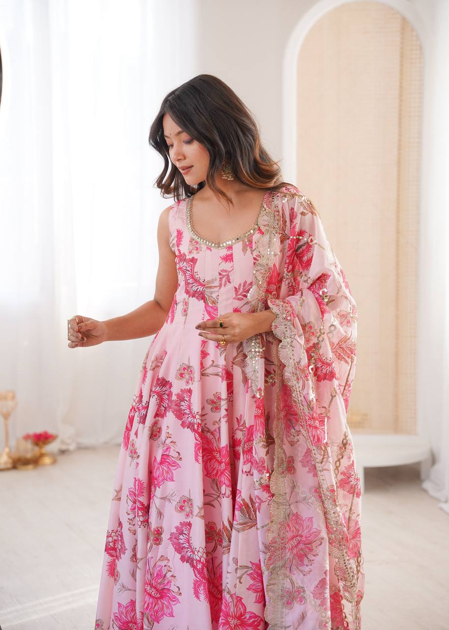 Aarohi Pure Muslin Floral Print Kali Cut Gown with Pant & Organza Embroidered Dupatta