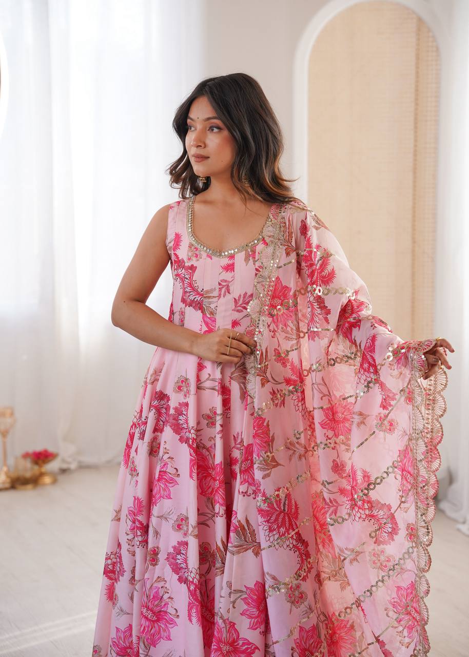 Aarohi Pure Muslin Floral Print Kali Cut Gown with Pant & Organza Embroidered Dupatta