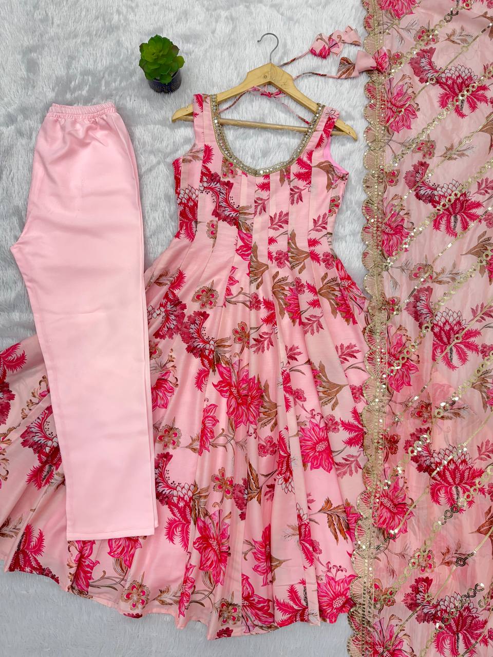 Aarohi Pure Muslin Floral Print Kali Cut Gown with Pant & Organza Embroidered Dupatta