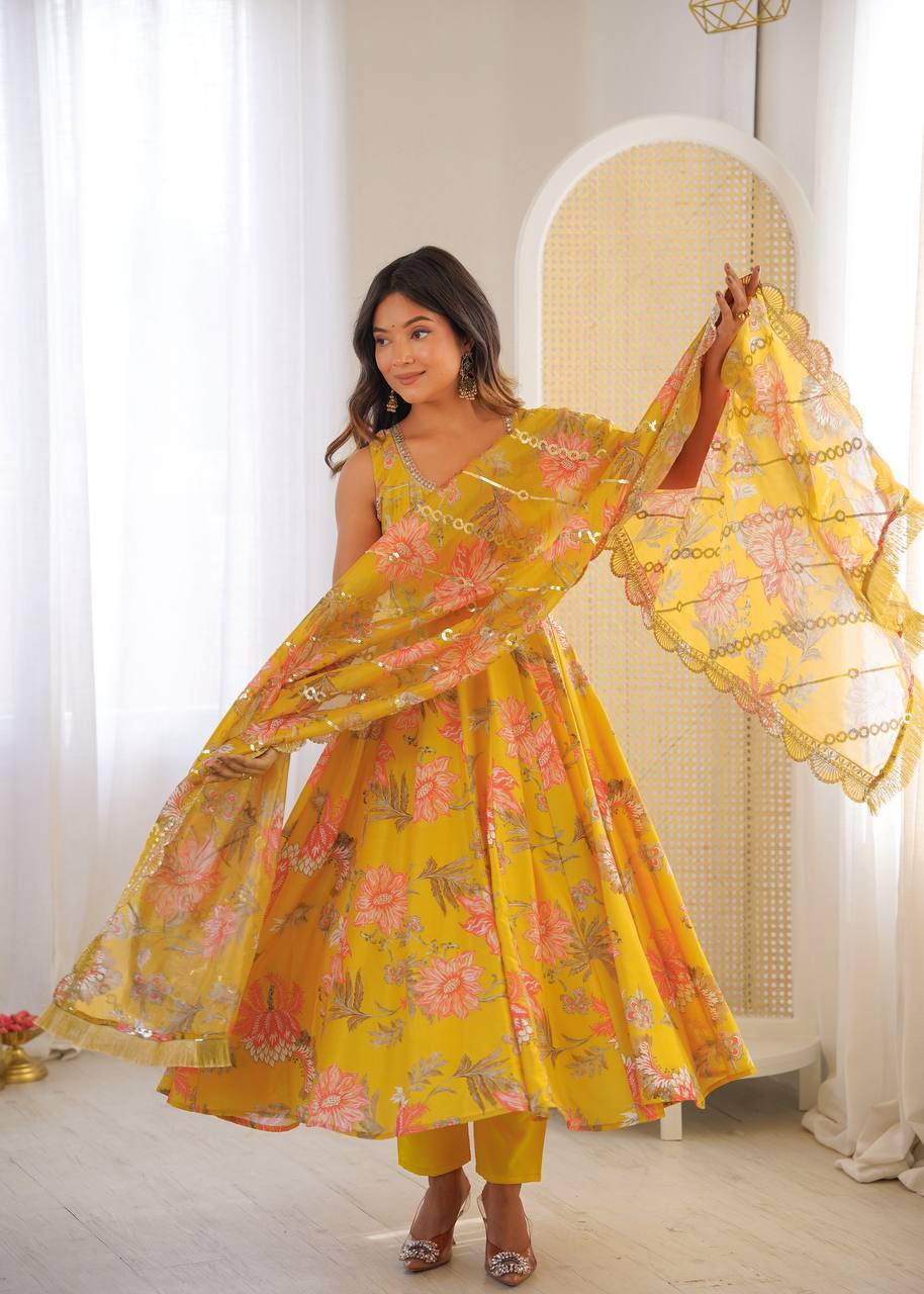 Aarohi Pure Muslin Floral Print Kali Cut Gown with Pant & Organza Embroidered Dupatta