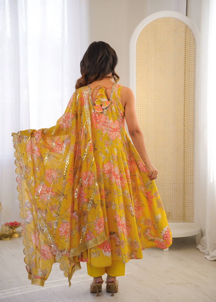 Aarohi Pure Muslin Floral Print Kali Cut Gown with Pant & Organza Embroidered Dupatta