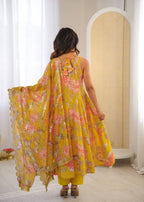 Aarohi Pure Muslin Floral Print Kali Cut Gown with Pant & Organza Embroidered Dupatta