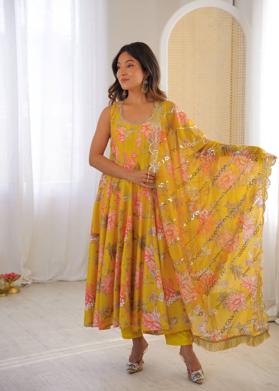 Aarohi Pure Muslin Floral Print Kali Cut Gown with Pant & Organza Embroidered Dupatta