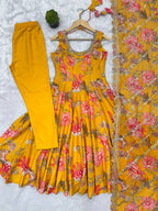 Aarohi Pure Muslin Floral Print Kali Cut Gown with Pant & Organza Embroidered Dupatta