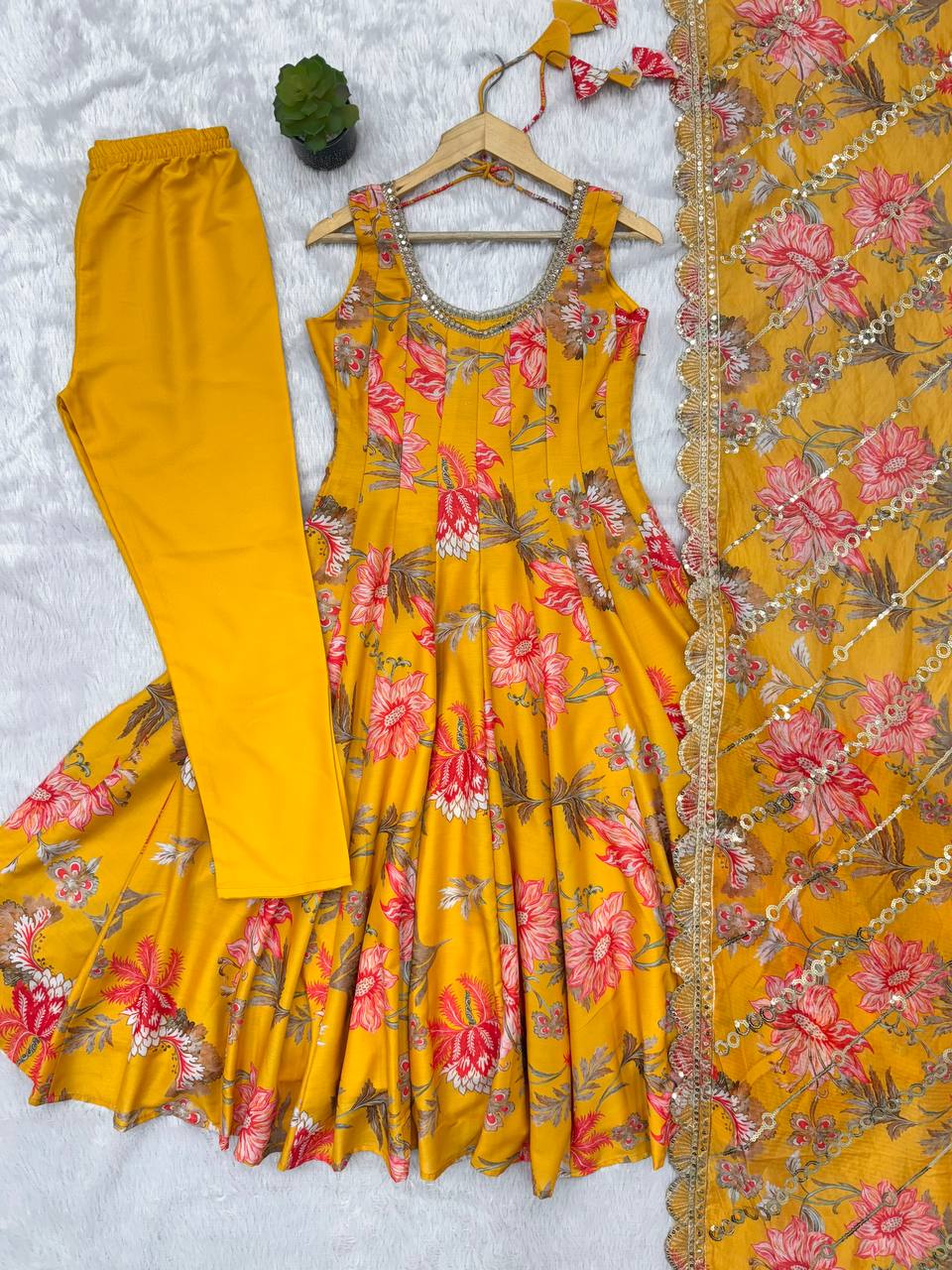 Aarohi Pure Muslin Floral Print Kali Cut Gown with Pant & Organza Embroidered Dupatta