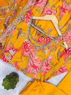 Aarohi Pure Muslin Floral Print Kali Cut Gown with Pant & Organza Embroidered Dupatta