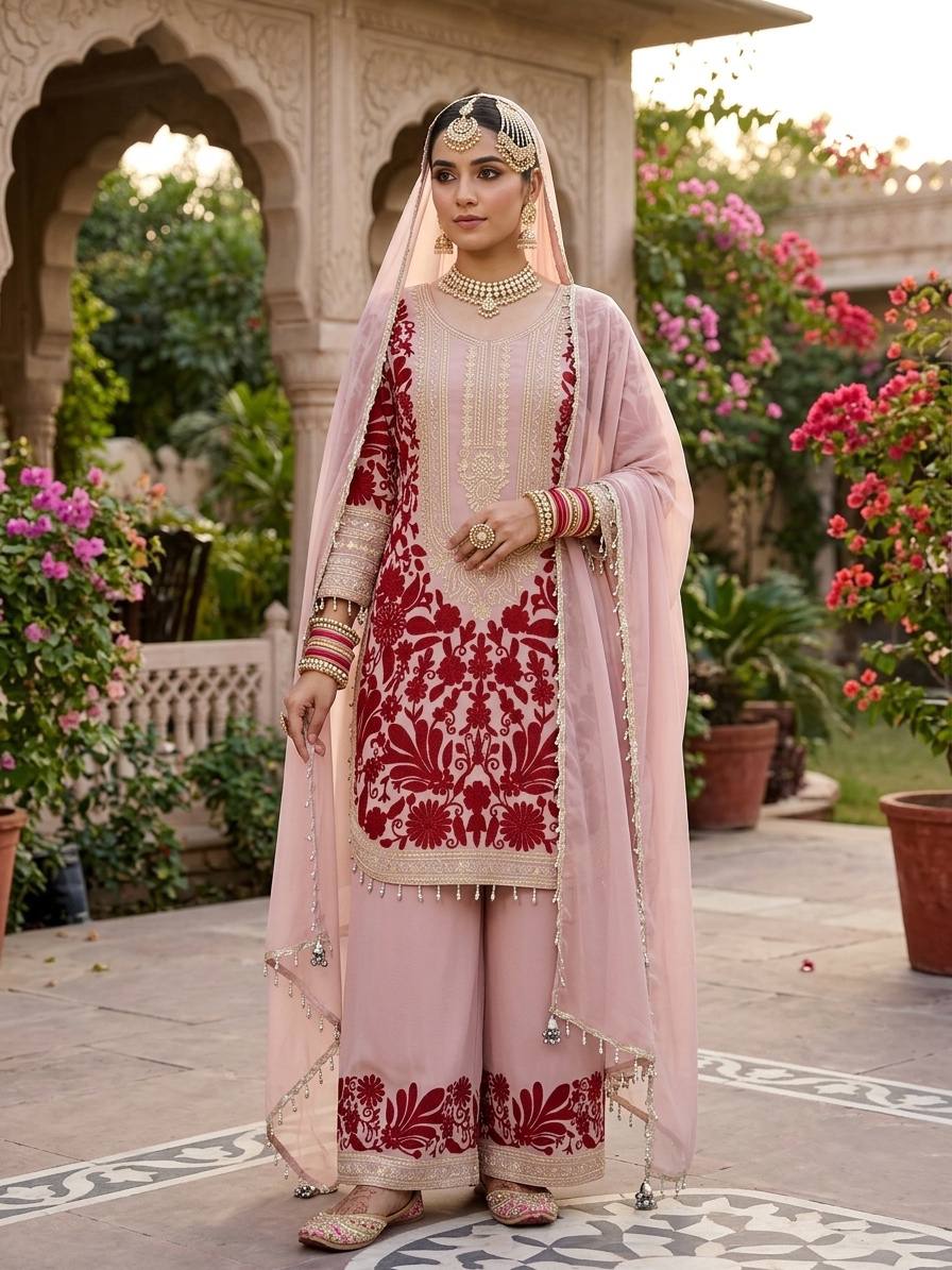 Ridhanshi Heavy Faux Georgette Chain Stitch Embroidered Kurti with Pant & Lace Border Dupatta Set