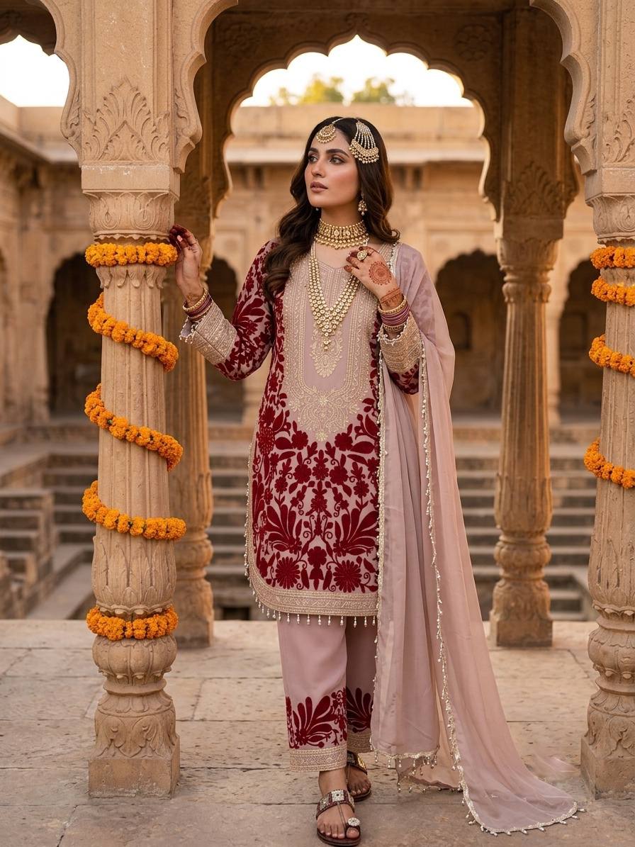 Ridhanshi Heavy Faux Georgette Chain Stitch Embroidered Kurti with Pant & Lace Border Dupatta Set