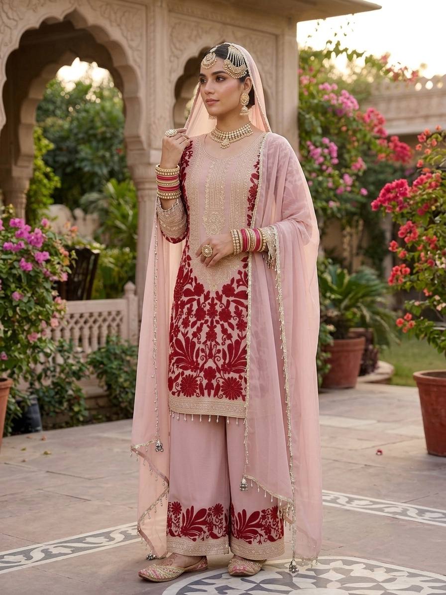 Ridhanshi Heavy Faux Georgette Chain Stitch Embroidered Kurti with Pant & Lace Border Dupatta Set
