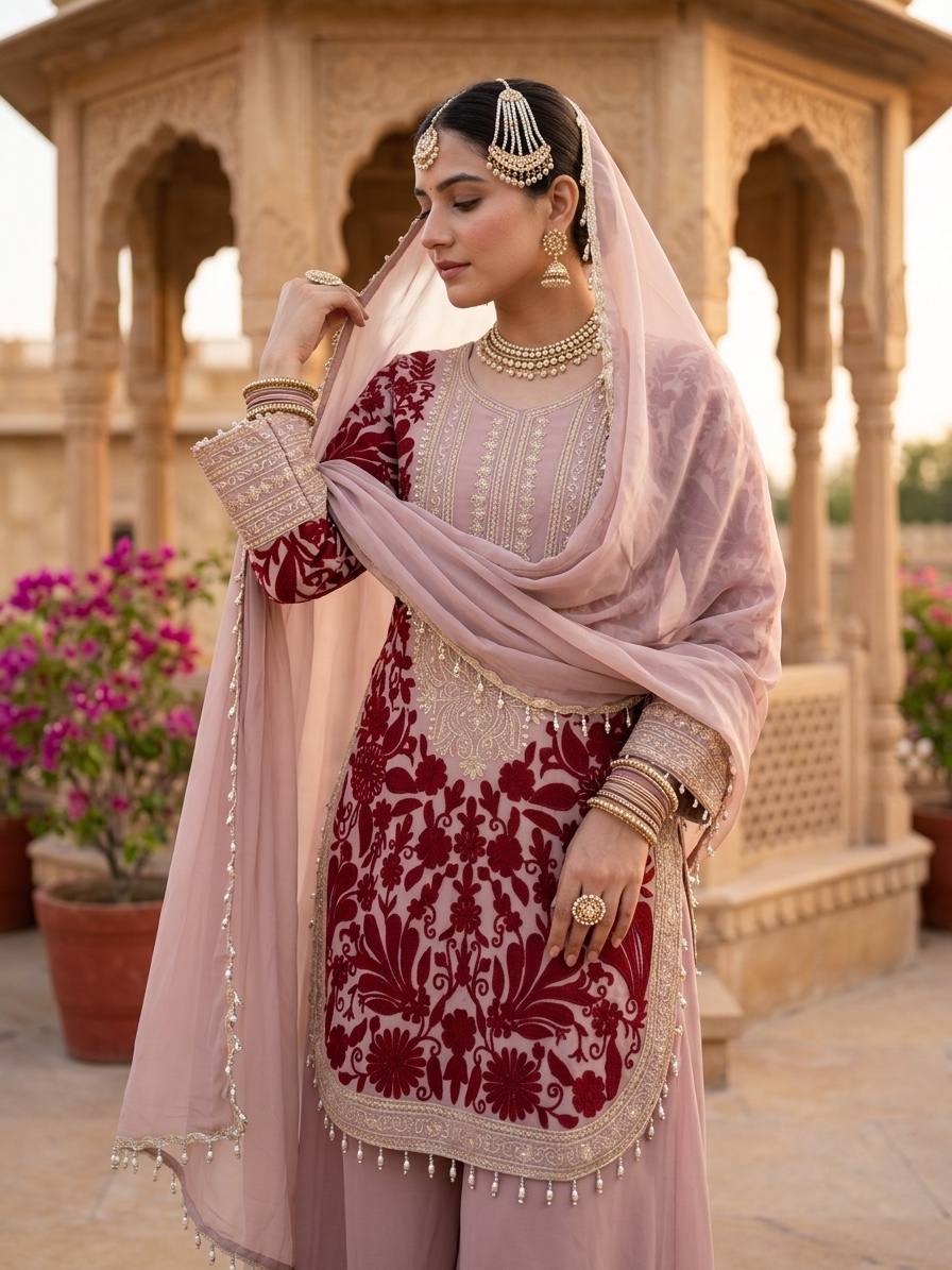 Ridhanshi Heavy Faux Georgette Chain Stitch Embroidered Kurti with Pant & Lace Border Dupatta Set