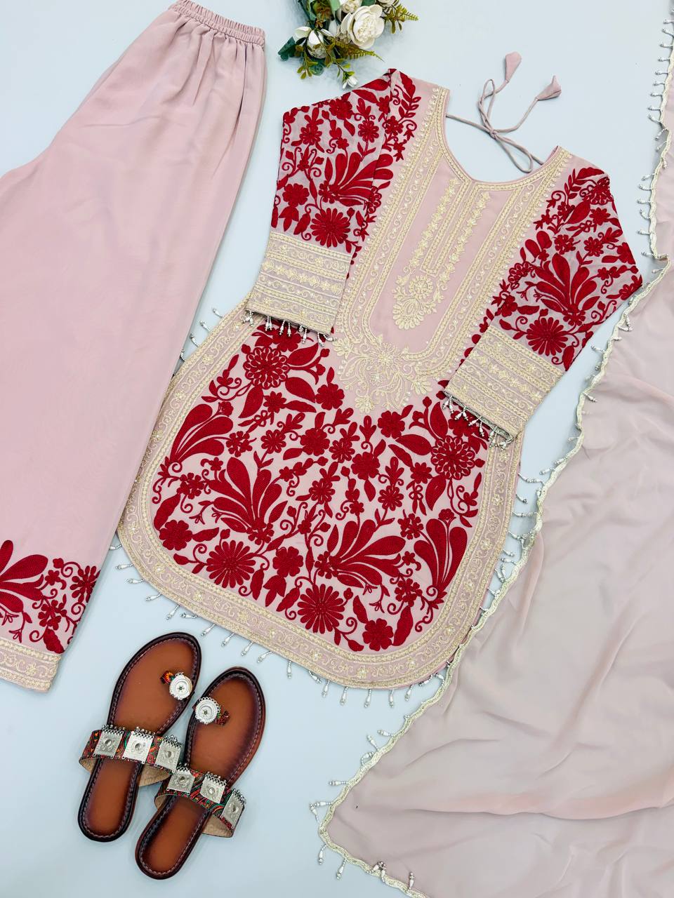 Ridhanshi Heavy Faux Georgette Chain Stitch Embroidered Kurti with Pant & Lace Border Dupatta Set