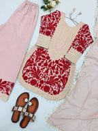 Ridhanshi Heavy Faux Georgette Chain Stitch Embroidered Kurti with Pant & Lace Border Dupatta Set