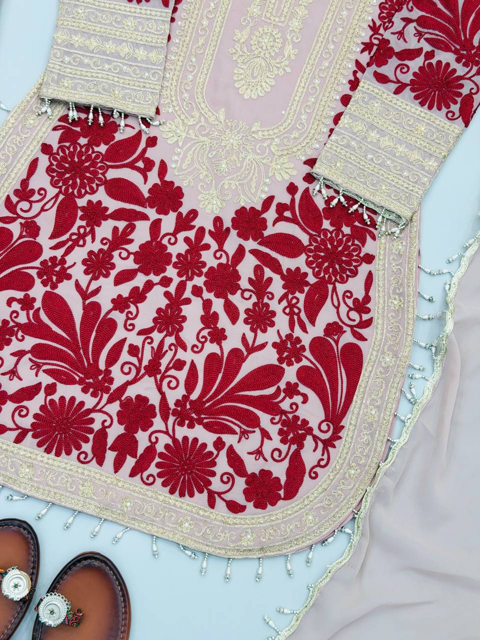 Ridhanshi Heavy Faux Georgette Chain Stitch Embroidered Kurti with Pant & Lace Border Dupatta Set