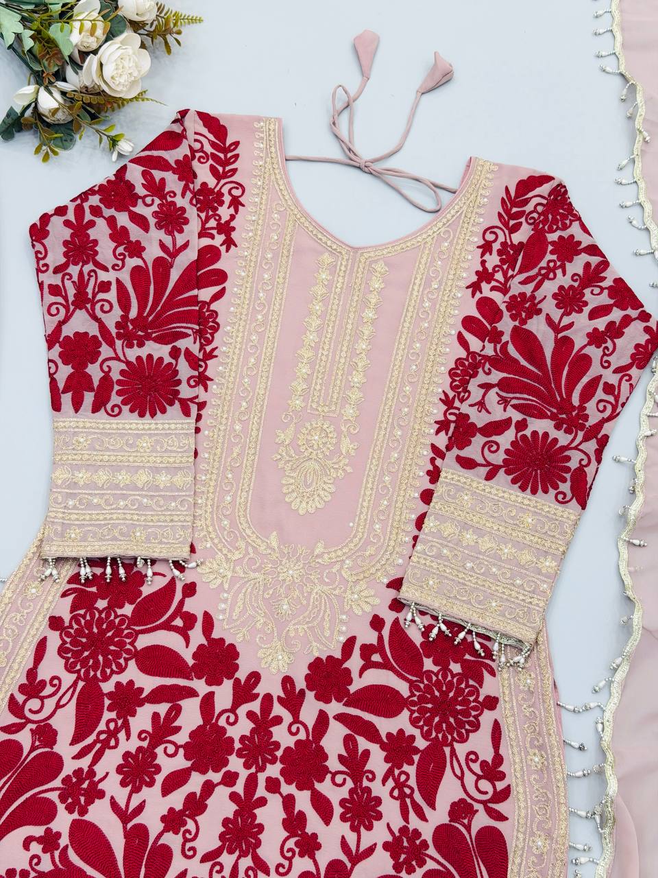 Ridhanshi Heavy Faux Georgette Chain Stitch Embroidered Kurti with Pant & Lace Border Dupatta Set