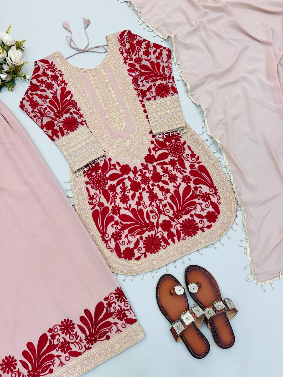 Ridhanshi Heavy Faux Georgette Chain Stitch Embroidered Kurti with Pant & Lace Border Dupatta Set