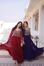 Premium Faux Georgette Embroidered Gown with Four Frill Layers