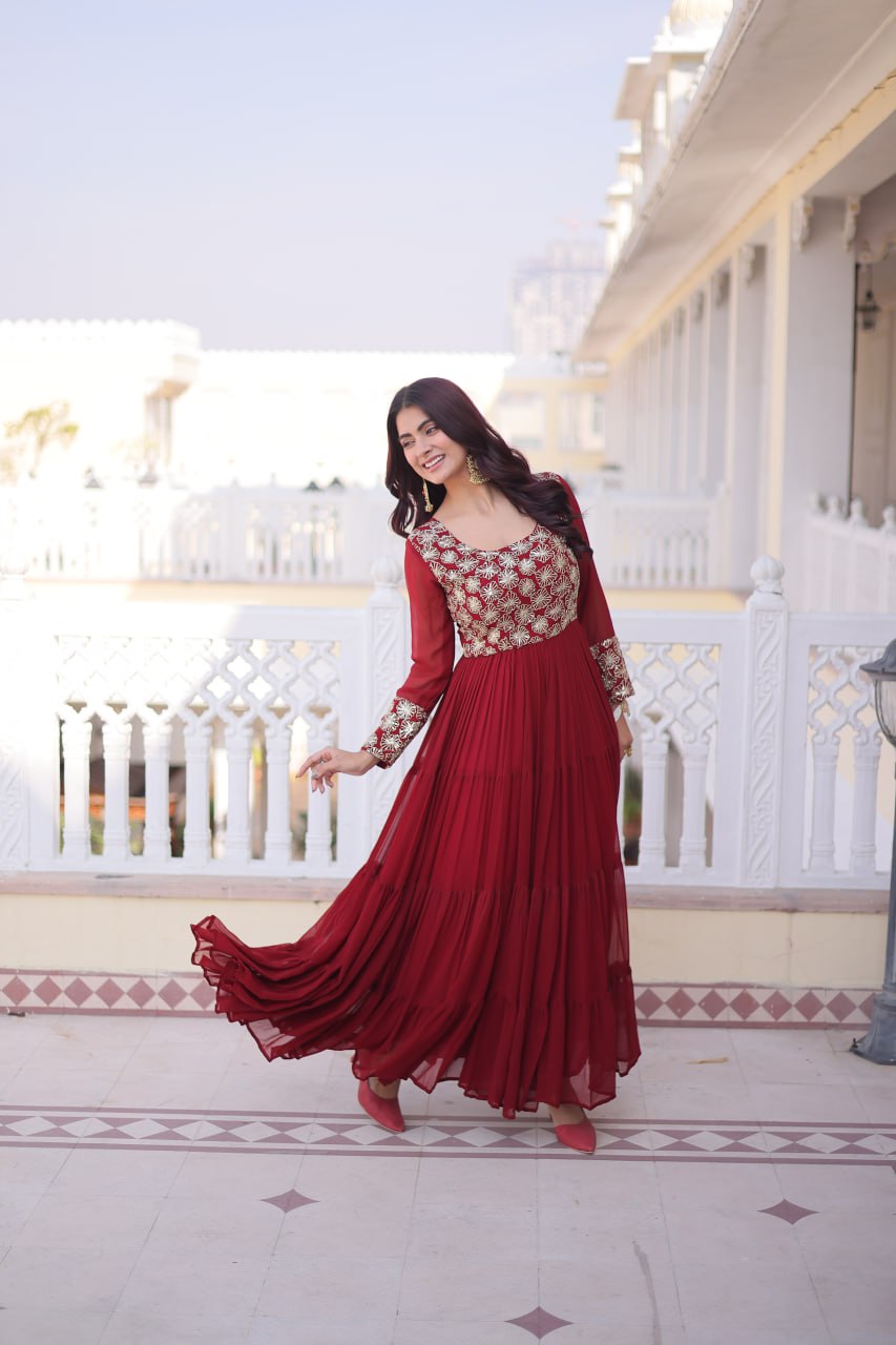 Premium Faux Georgette Embroidered Gown with Four Frill Layers