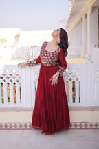 Premium Faux Georgette Embroidered Gown with Four Frill Layers