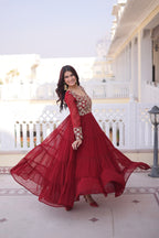 Premium Faux Georgette Embroidered Gown with Four Frill Layers