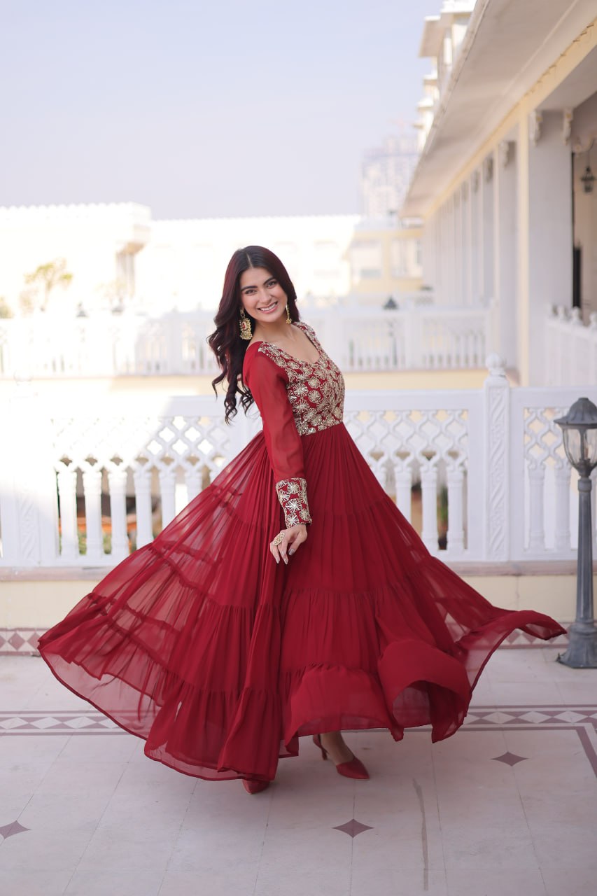 Premium Faux Georgette Embroidered Gown with Four Frill Layers
