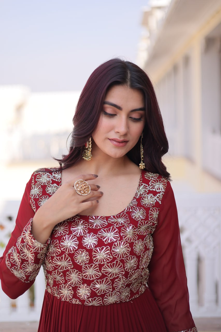Premium Faux Georgette Embroidered Gown with Four Frill Layers