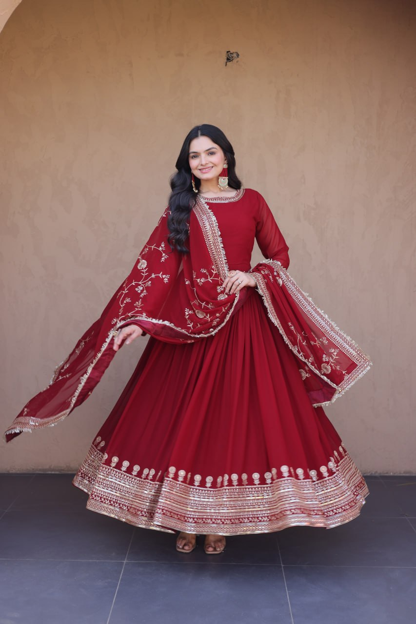 Designer Party Wear Faux Blooming Embroidered Anarkali Gown with Sequins Dupatta