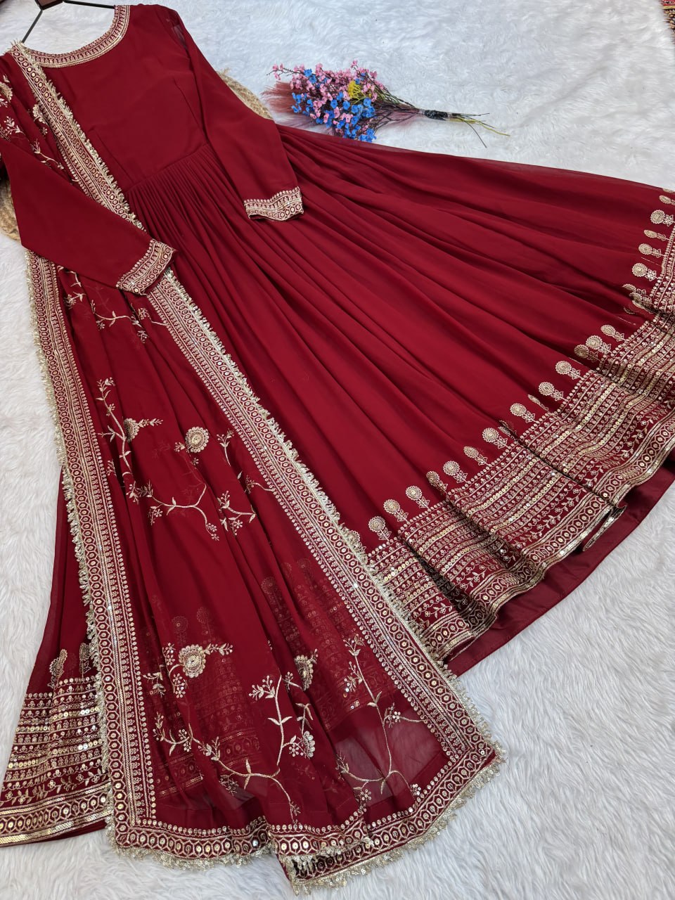 Designer Party Wear Faux Blooming Embroidered Anarkali Gown with Sequins Dupatta