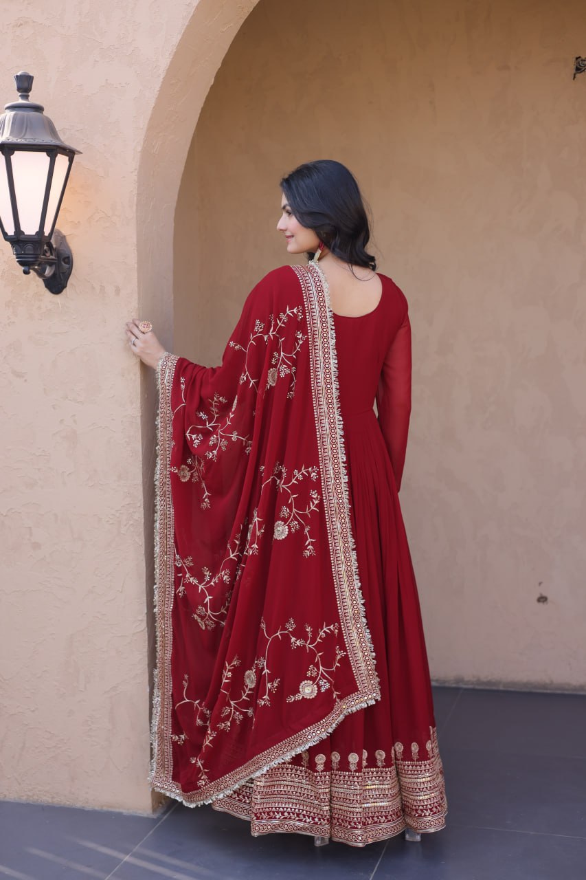 Designer Party Wear Faux Blooming Embroidered Anarkali Gown with Sequins Dupatta