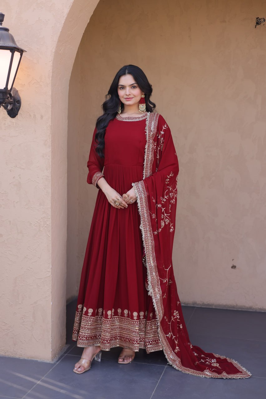 Designer Party Wear Faux Blooming Embroidered Anarkali Gown with Sequins Dupatta