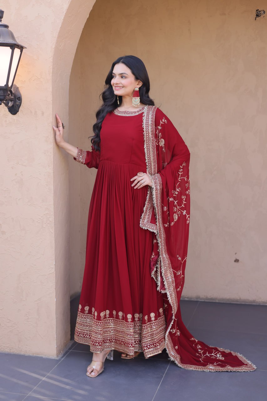 Designer Party Wear Faux Blooming Embroidered Anarkali Gown with Sequins Dupatta