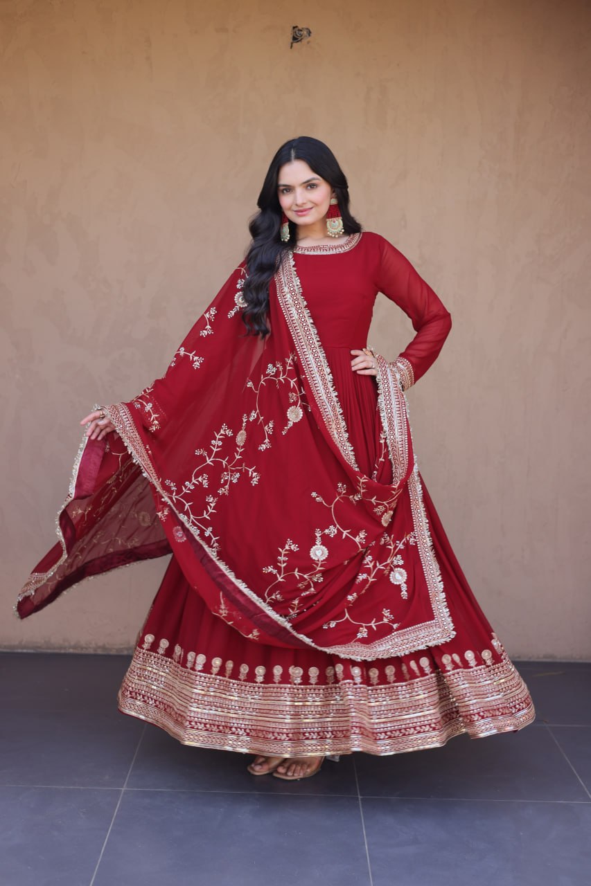 Designer Party Wear Faux Blooming Embroidered Anarkali Gown with Sequins Dupatta