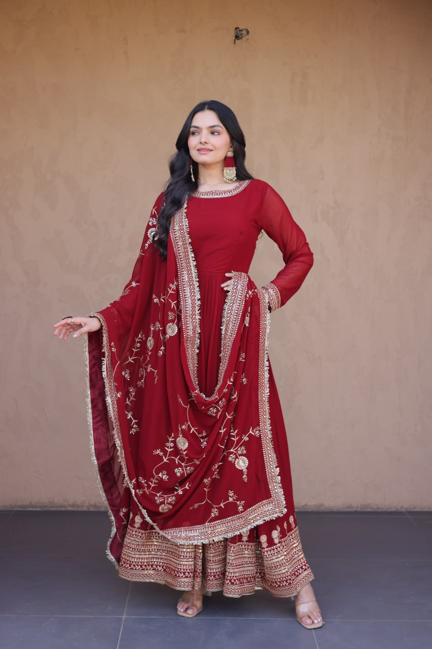 Designer Party Wear Faux Blooming Embroidered Anarkali Gown with Sequins Dupatta