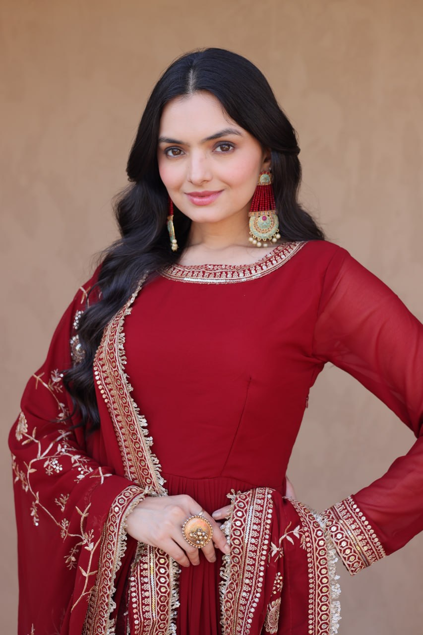 Designer Party Wear Faux Blooming Embroidered Anarkali Gown with Sequins Dupatta