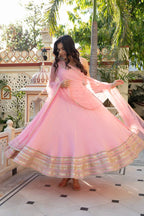 Saanjh Natural Crepe Coding Dori Anarkali with Pant & Mirror Work Dupatta Set