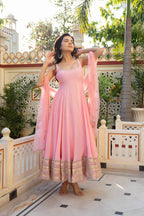 Saanjh Natural Crepe Coding Dori Anarkali with Pant & Mirror Work Dupatta Set