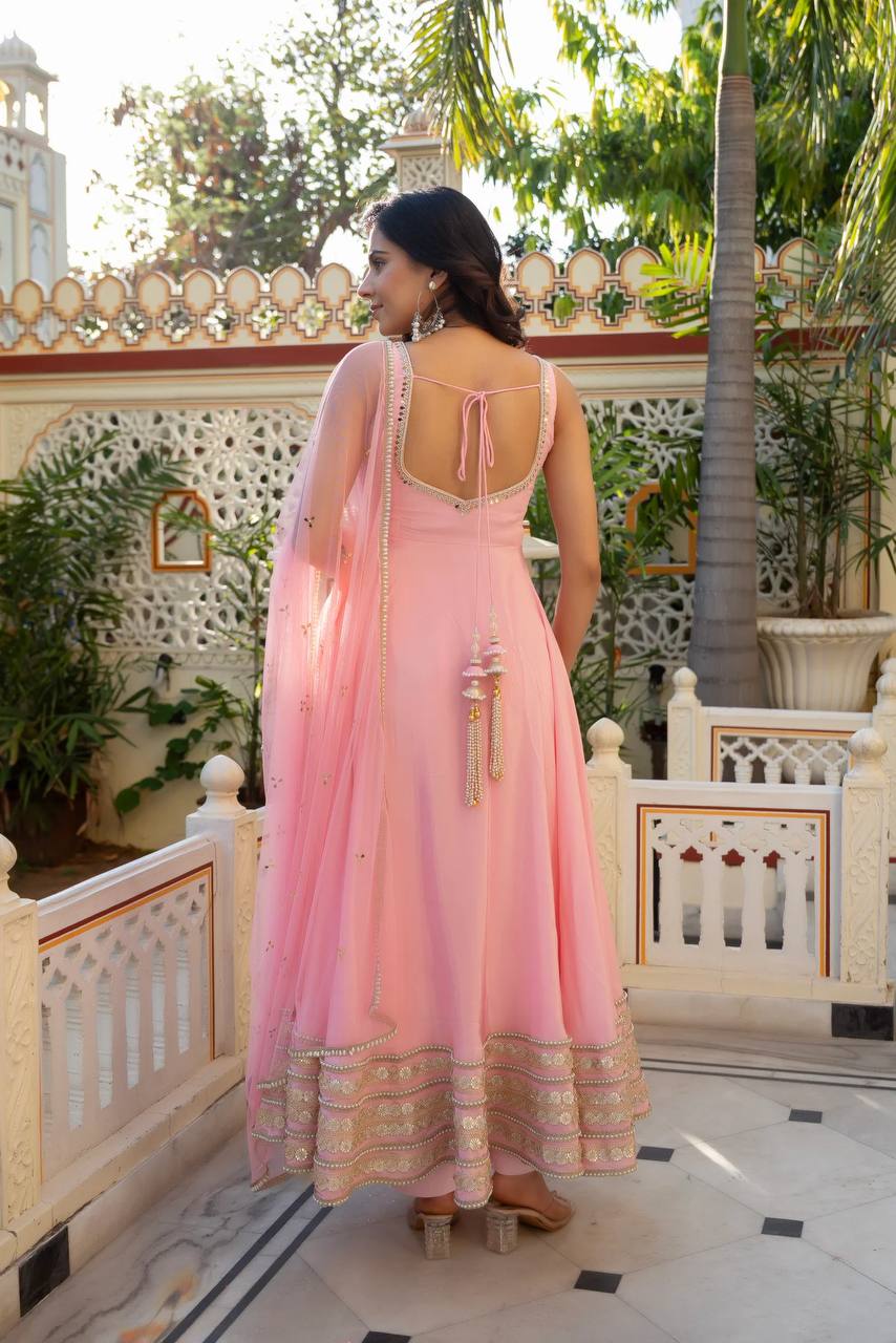 Saanjh Natural Crepe Coding Dori Anarkali with Pant & Mirror Work Dupatta Set